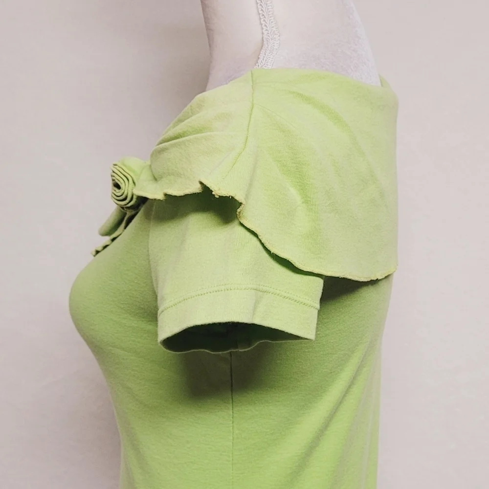 Y2K Vintage Cable & Gauge Neon Green Boatneck Bertha Collar Rosette Short Sleeve